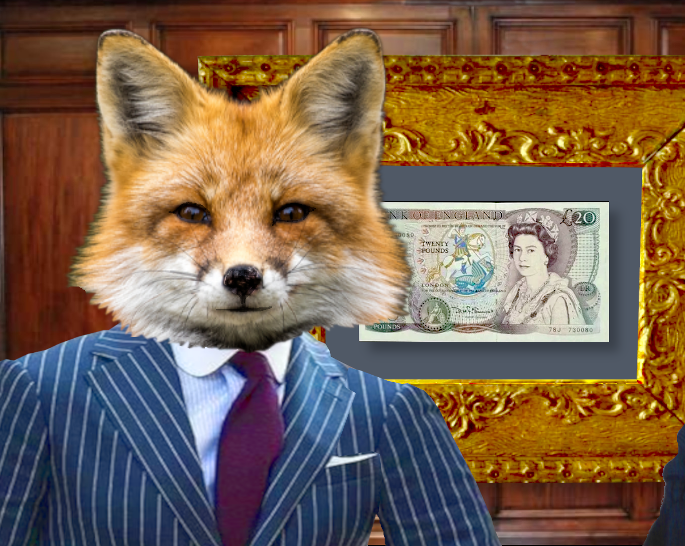 Portrait of Foxy, with pinstripe suit and framed £20 note in background.