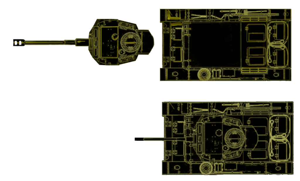  Plan view of black Panzer 2 tank, with and without separate tank turret, showing how it may appear as a tank avatar in a computer game