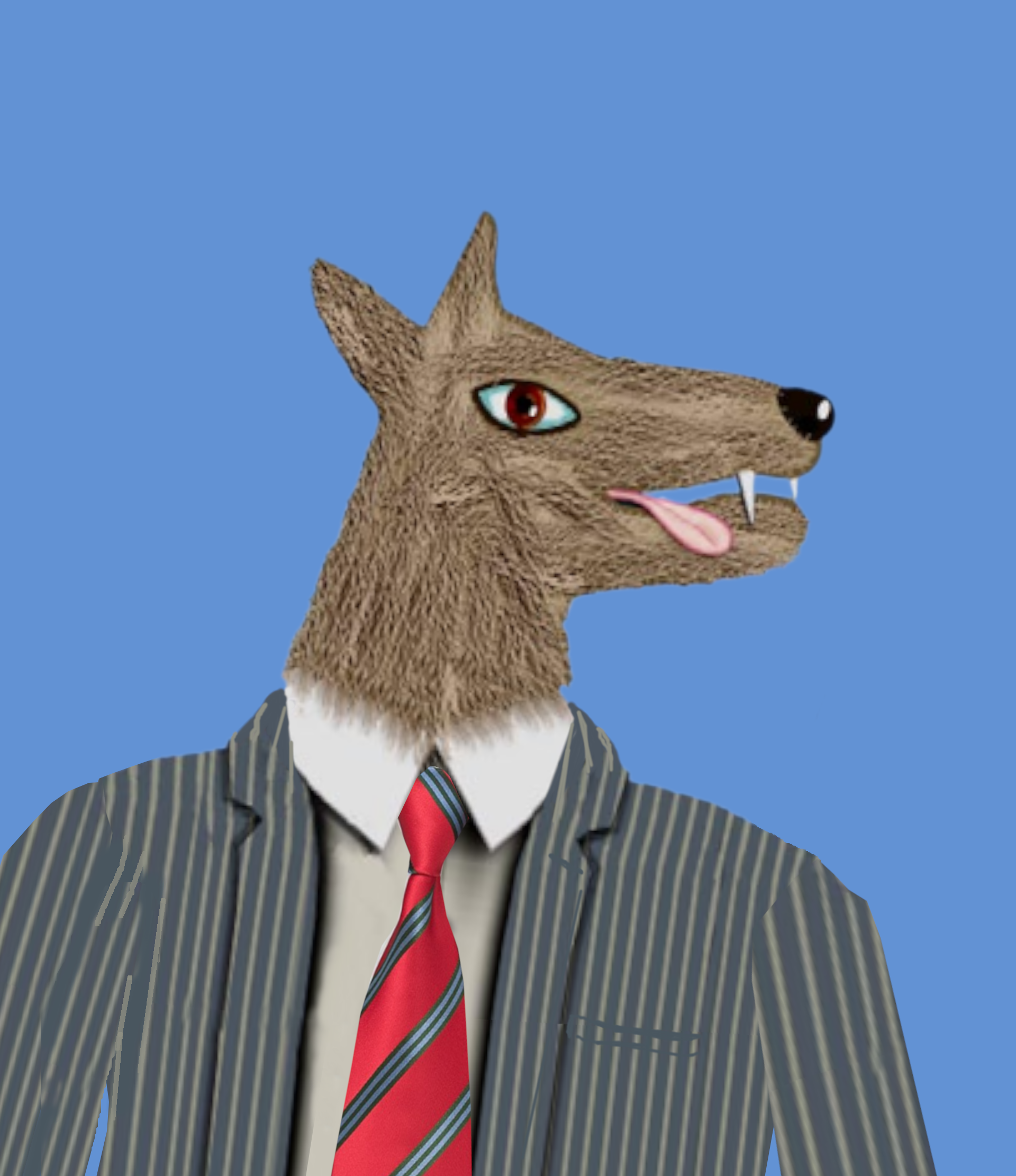 Portrait image of the Jackal, wearing a pinstripe  suit with collar and tie.